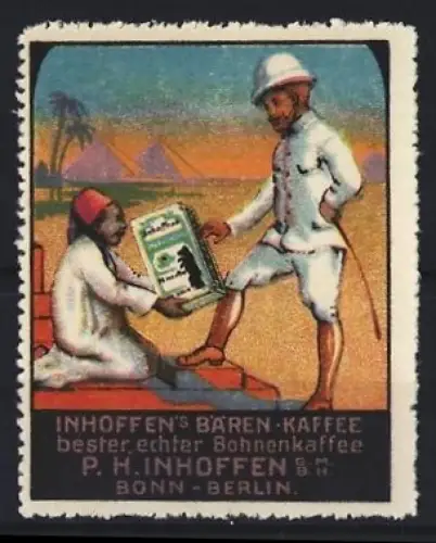 Reklamemarke Bonn, Inhoffen`s Bären-Kaffee, P. H. Innhoffen GmbH, Kolonialszene mit Kaffee-Packung