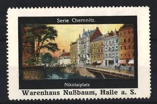 Reklamemarke Halle a. D., Warenhaus Nussbaum, Chemnitz, Nikolaiplatz