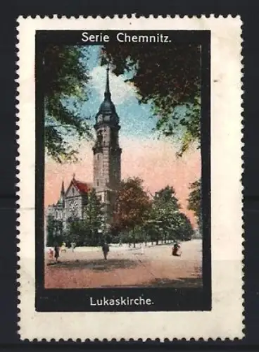 Reklamemarke Chemnitz, Lukaskirche, Kirchturm und Bäume