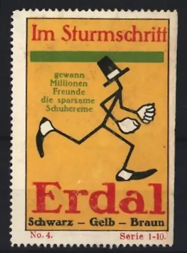 Reklamemarke Erdal Schuhcreme, Im Sturmschritt, laufende Figur mit Zylinder