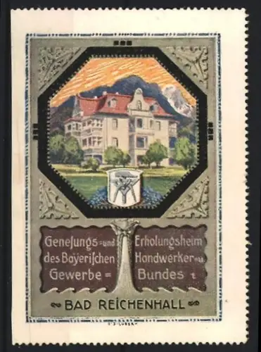 Reklamemarke Bad Reichenhall, Genesungsheim des Bayerischen Handwerker und Gewerbe-Bundes, Gebäudeansicht