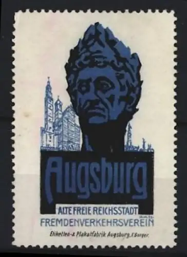 Reklamemarke Augsburg, Fremdenverkehrsverein, Alte Freie Reichsstadt, Kopfbüste und Gebäude im Hintergrund