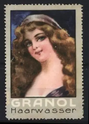 Reklamemarke Granol Haarwasser, Porträt einer Frau mit Locken
