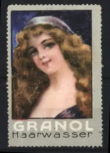 Reklamemarke Granol Haarwasser, Porträt einer jungen Frau mit lockigem Haar