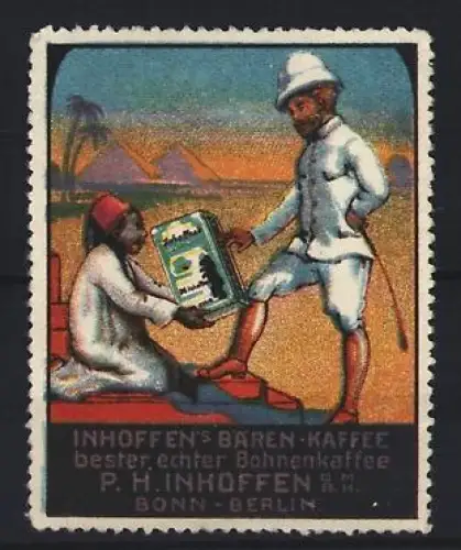 Reklamemarke Bonn, Inhoffen`s Bären-Kaffee, P. H. Inhoffen GmbH, Soldat in Tropenuniform vor Pyramiden
