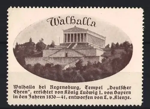 Reklamemarke Regensburg, Walhalla, Tempel Deutscher Ehren, entworfen von Leo v. Klenze