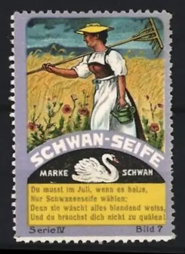 Reklamemarke Schwan-Seife, Marke Schwan, Frau vor Weizenfeld