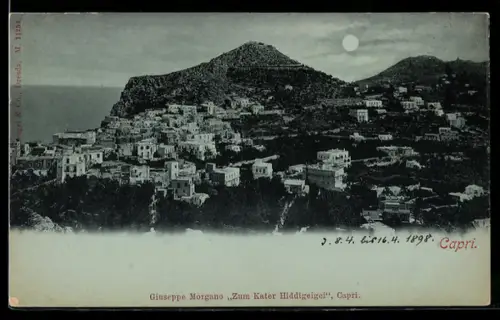 Mondschein-AK Capri, Vista panoramica del paesaggio urbano su una collina