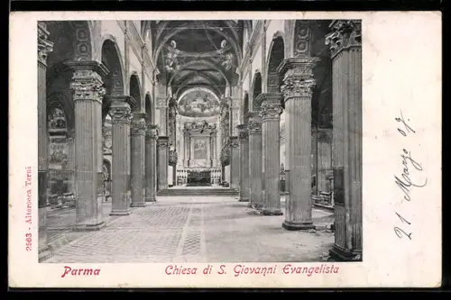 AK Parma, Chiesa di S. Giovanni Evangelista, interno con colonne e affreschi