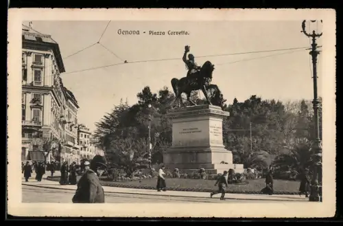 AK Genova, Piazza Corvetto con statua equestre e edifici circostanti