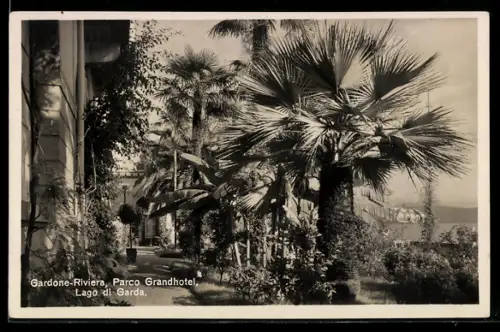 AK Gardone-Riviera /Lago di Garda, Parco Grandhotel con palme e vista lago