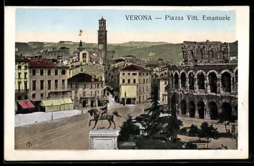 AK Verona, Piazza Vitt. Emanuele con statua e Arena di Verona
