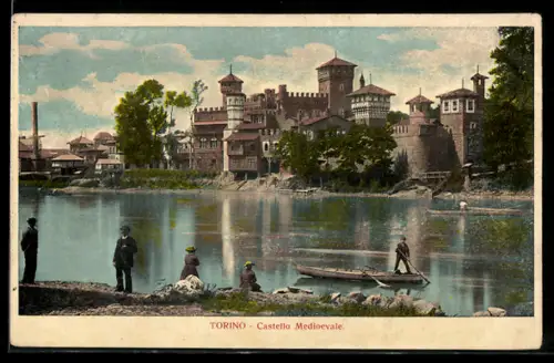 AK Torino, Castello Medioevale e fiume con persone sulla riva