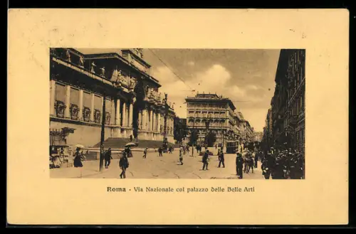 AK Roma, Via Nazionale col palazzo delle Belle Arti, Strassenbahn