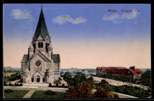 AK Riesa, Trinitatiskirche mit Umgebung