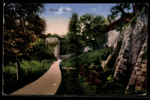 AK Riesa, Stadtparkpartie, Mauer, Turm