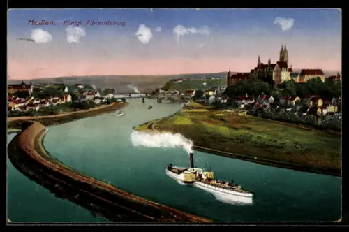 AK Meissen, Ortspanorama m. Königl. Albrechtsburg, Dampfschiff auf der Elbe