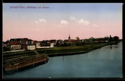 AK Riesa-Gröba, Ortsansicht mit Hafen