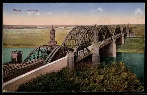 AK Riesa, Elbbrücke aus der Vogelschau