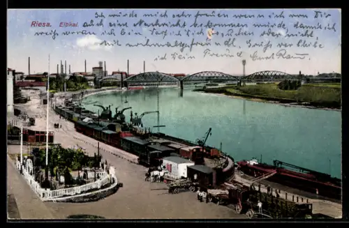 AK Riesa, Elbkai aus der Vogelschau, Eisenbahn, Brücke