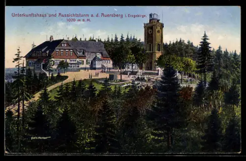 AK Auersberg i. Erzgebirge, Unterkunftshaus und Aussichtsturm