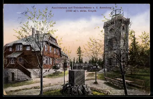 AK Wildenthal, Auersberg i. sächs. Erzgeb., Aussichtsturm, Unterkunftshaus, Denkmal