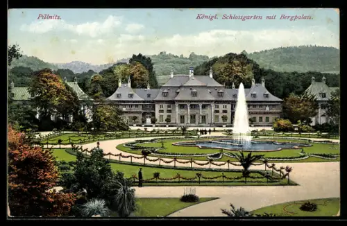 AK Dresden-Pillnitz, Königl. Schlossgarten mit Bergpalais, Fontäne