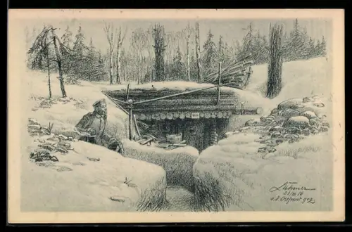 Künstler-AK Mannschaftsunterstand an der Ostfront im Schnee