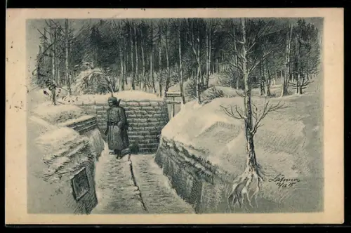 Künstler-AK Wachposten im Schützengraben an der Ostfront im Winter