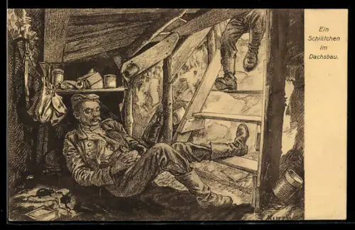 Künstler-AK Feldgrauer hält ein Schläfchen im Dachsbau