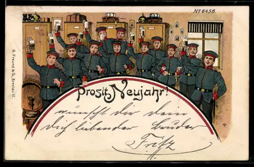 Lithographie Deutsche Infanteristen bei der Neujahrsfeier