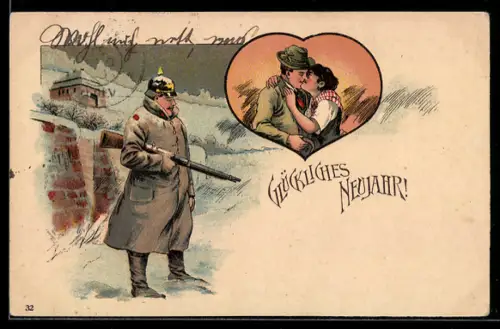 Lithographie Wachsoldat in Wintersnacht vor einer Ortschaft