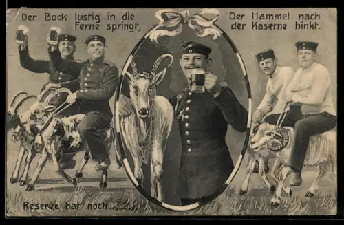 AK Reservisten mit Biergläsern reiten auf Ziegenböcken
