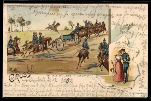 AK Reitende Artilleriesoldaten in Uniform im Aufmarsch