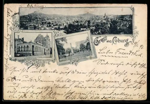 AK Coburg, Gesamtansicht, Actienbierhalle, Kriegerdenkmal