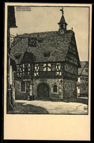Künstler-AK Grossheubach a. M., Blick zum Rathaus