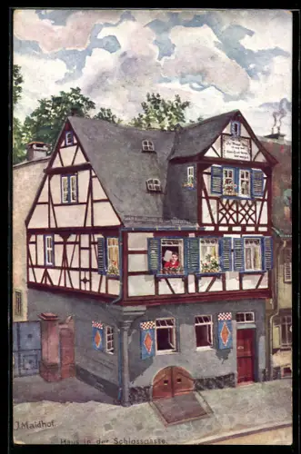 Künstler-AK Aschaffenburg, Haus in der Schlossgasse, Fachwerkhaus