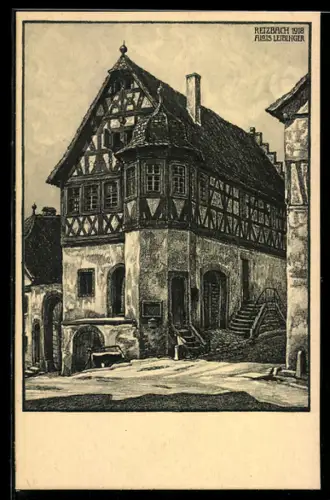 Künstler-AK Retzbach a. M., Blick zum Rathaus