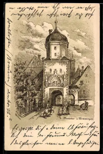 Lithographie Memmingen, Blick zum Westertor