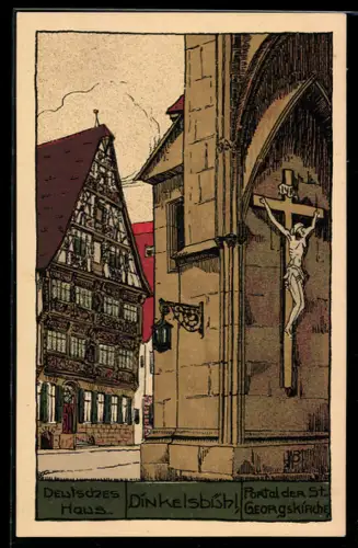 Steindruck-AK Dinkelsbühl, Deutsches Haus, Portal der St. Georgskirche