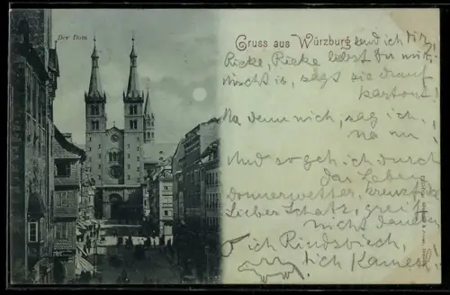 Mondschein-AK Würzburg, Dom im Vollmondlicht