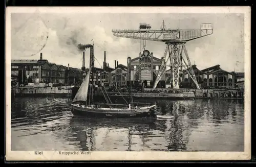 AK Kiel, Kruppsche Werft, Hafenansicht, Kran