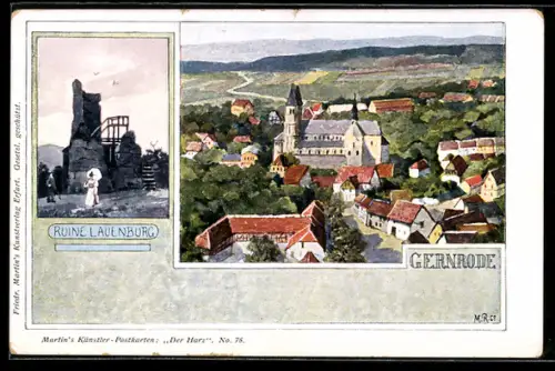 Künstler-AK Gernrode, Ruine Lauenburg, Ortsansicht mit Kirche