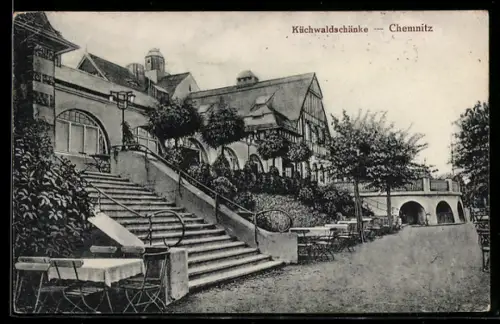 AK Chemnitz, Gasthaus Küchwaldschänke, Terrasse, Treppe