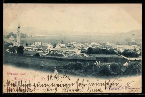 AK Deggendorf a. D., Panorama mit Stadtansicht und zwei Kirchtürmen