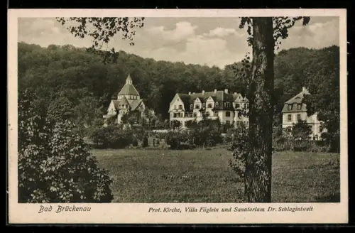 AK Bad Brückenau, Prot. Kirche, Villa Füglein, Sanatorium Dr. Schlagintweit