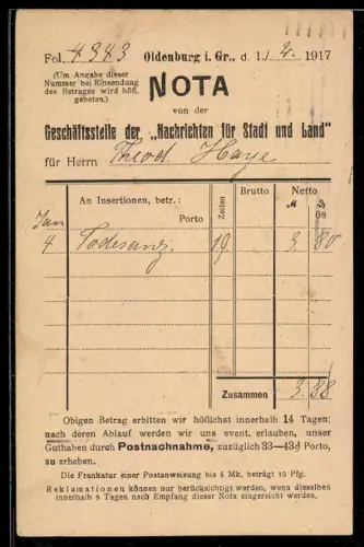 AK Oldenburg i. Gr., Nota der Geschäftsstelle der Nachrichten für Stadt und Land 1917