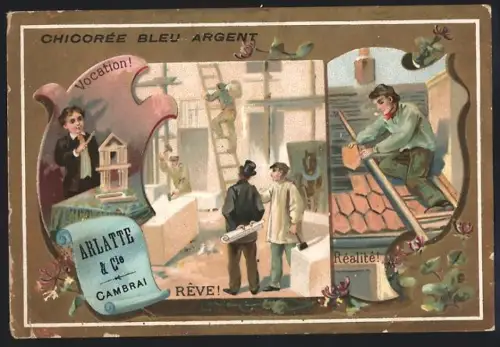 Sammelbild Cambrai, Arlatte & Cie., Chicorée, Menschen beim Hausbau