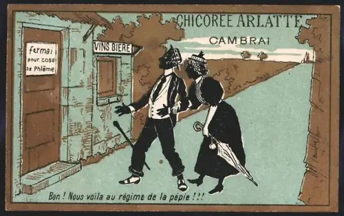 Sammelbild Cambrai, Arlatte & Cie., Chicorée, Zwei Menschen vor einem geschlossenen Gasthof
