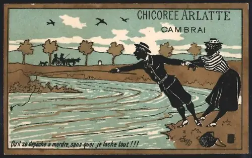 Sammelbild Cambrai, Arlatte & Cie., Chicorée, Zwei Personen an einem Fluss mit Angel